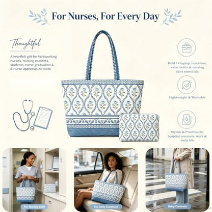 Quilted Tote Bag 2 Pack, Women's Tote Handbags for Work Travel - color: Pale Indigo Blue