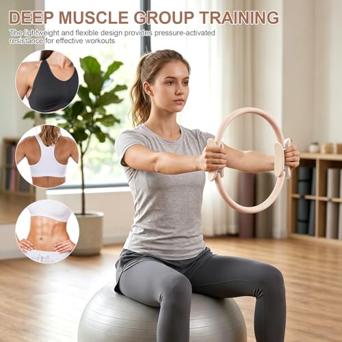 Pilates Ring 15 Inch Magic Circle Ring, Dual Padded Handles Pilates Exercise Circle, Adjustable Yoga Ring - color: Beige