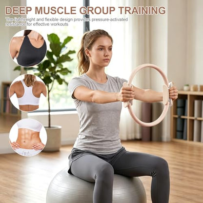 Pilates Ring 15 Inch Magic Circle Ring, Dual Padded Handles Pilates Exercise Circle, Adjustable Yoga Ring - color: Beige