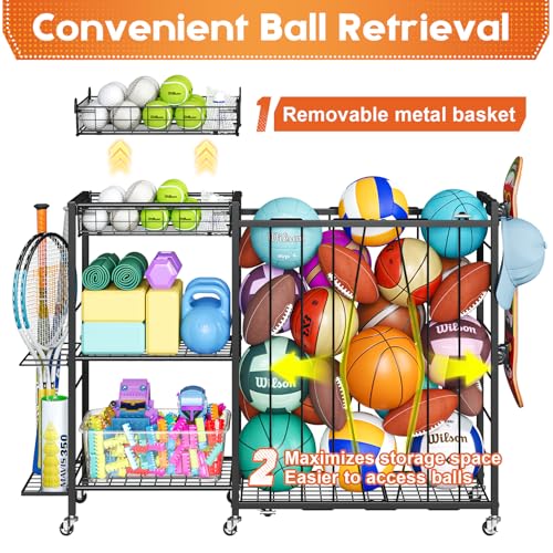 Ball Storage with Elastic Rope for Sports and Outdoors, Garage Organization with Wheels for Sports Gear and Toys, Large-Capacity Sports Equipment Organizer with Baseball Bat Holder and Basketball Rack - size: X-large