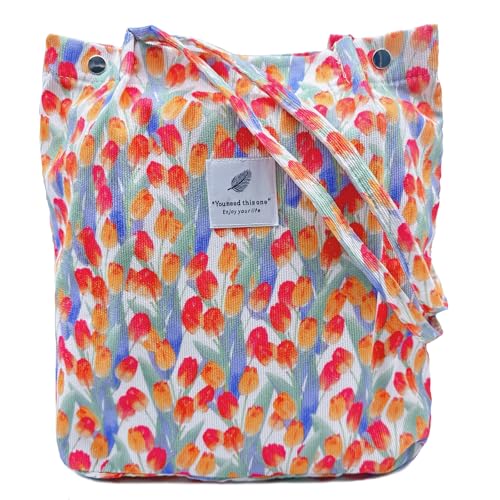 Aphoraeny Corduroy Tote Bag for Women Cute Totes Shoulder Bag with Inner Pocket for Work Beach Shopping Travel Grocery - color: Tulips