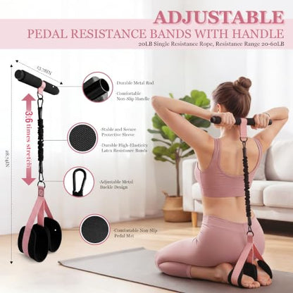 HIMESPORNER Pedal Resistance Band with Handle & Ankle Straps, Figure 8 Band | Multifunction Natural Latex 3 Tube, 20-60LB, Metal Handle, Breathable Ankle Straps, Thick and Durable Silicone Figure 8 Band