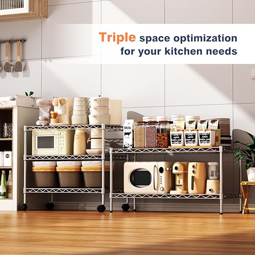 3-Tier Wire Shelf Rack,Kitchen Metal 3-Shelves Rack with Lockable Wheels - size: 3-Tier,24"x14"x22"(WxDxH)