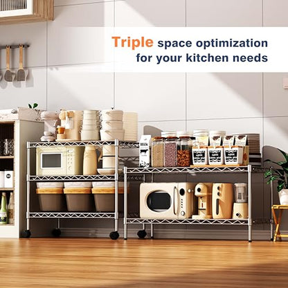 3-Tier Wire Shelf Rack,Kitchen Metal 3-Shelves Rack with Lockable Wheels - size: 3-Tier,24"x14"x22"(WxDxH)