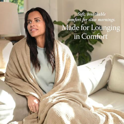 Threadmill Luxury 100% Cotton Queen Herringbone Blanket, Beige - color: Beige, size: Queen (90" x 92")
