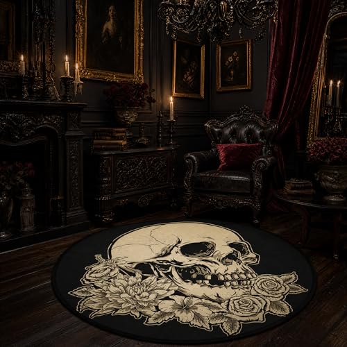 keepcute Skull Flower Area Rug 6ft, Washable Non-Slip - color: Skull Rose Flower, size: 6' (Round)