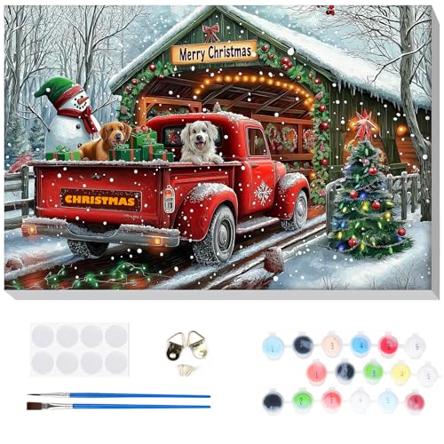 Bowetile Christmas Paint by Numbers for Adults Beginners Framed, Truck Adults' Paint-by-Number Kits, Adult Paint by Number Kits on Canvas, Acrylic Number Painting for Home Decor, 8x12in - color: Christmas