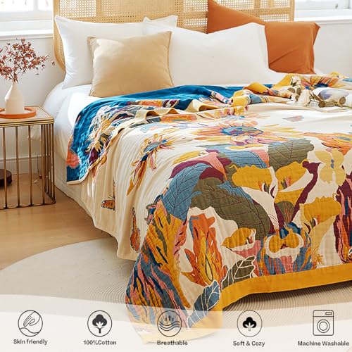 VANJOROY Boho 담요, 100% 유기농 면 127x152.4cm(50x60인치), 카우치 베 - color: 꽃-나비, size: 담요(50 x 60인치)