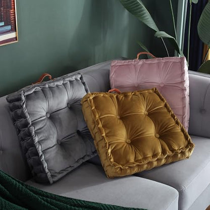 vctops Square Solid Color Velvet Seat Cushion with Handle Tufted Thicken Chair Pad Tatami Floor Pillow Cushion 16.5"x16.5"x4" Grey - color: Grey