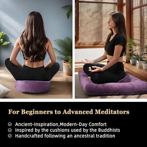 Meditation Cushion Set Zafu & Zabuton – Buckwheat Hull & Memory Foam, Adjustable Floor Pillow for Yoga, Meditation & Sitting, Removable Velvet Cover (Purple) - color: Purple