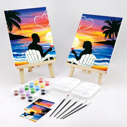 VOCHIC Sip and Paint Kit,Pre Drawn Canvas Couples Paint Party Kit Painting Art Set for Adults Date Night Sunset Beach Lovers 2 Pack (8 x 10 Inches) - size: 8x10, style: Sunset and Couple