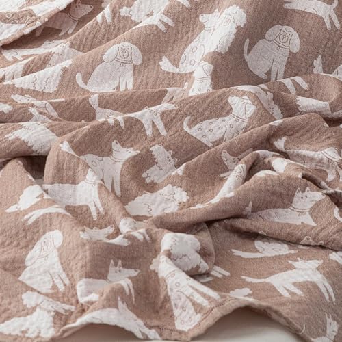 MEJU Dogs Puppy Brown Kids Muslin Lightweight Blanket for Bed Sofa Couch 100% Combed Cotton 3 Layer Soft Warm Reversible Throw Blanket Bedspread Bed Coverlet (Animals, F/Q 80 in x 90 in) - color: Animals, size: F/Q 80 in x 90 in