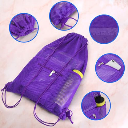 NATURAL STYLE Mesh Drawstring Backpack Bag, Gym Sports Bag with Zipper Pocket Bottle Holder, String Beach Bag for Swiming Travel (Purple) - color: Purple
