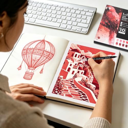 LIULIUCAI 10 Red Dual Markers, Fine & Brush Tip Pen for Adult Coloring | Bold Red Markers Brush Pens for Christmas Cards, Love Letters, Highlights Outlining, Signatures Illustration Gift - color: 10 Red