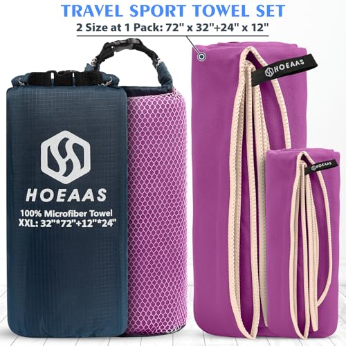HOEAAS 2 Pack Microfiber Camping Towels, Quick Dry Towel, Super Absorbent Ultra Compact Travel Towel Soft Lightweight Sports Towel for Sweat Fast Drying Towels for Pool,Gym,Hiking,Backpacking,Fitness - color: Purple, size: XXL: 72" x 32"+24" x 12"