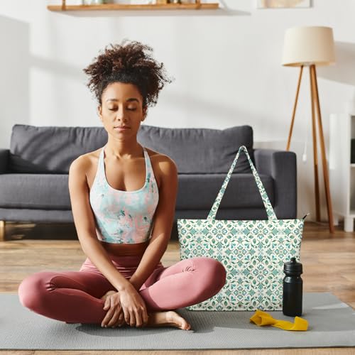 Yoga Bag for Women, Large Canvas Yoga Mat Tote Bag with Yoga Mat Carrier | Large Mat Pocket Fitness Tote for Pilates, Gym, Travel, Office & Beach - color: Green Flower