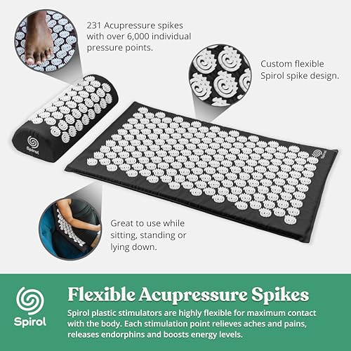 Spirol Acupressure Mat and Pillow Set for Back, Neck and Shoulder Pain Relief, with Flexible Acupressure Spikes, Includes Carry Bag (Onyx) - color: Onyx