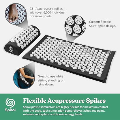 Spirol Acupressure Mat and Pillow Set for Back, Neck and Shoulder Pain Relief, with Flexible Acupressure Spikes, Includes Carry Bag (Onyx) - color: Onyx