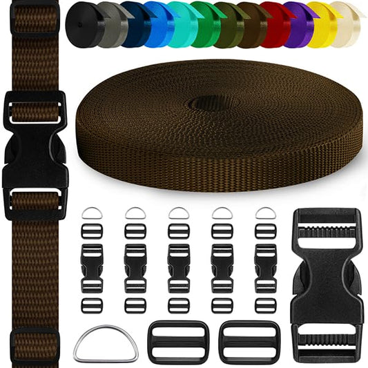 TECEUM 3/4" Nylon Strap Kit with Buckles, Brown 6 yards Repair Set | Heavy duty hardware kit: 6yd webbing, 6 quick release buckles, 12 tri-glide slide clips, 6 metal D-rings for crafting. - color: Brown, size: 3/4" - 6 yards, style: 6 Buckle - 12 Slides -