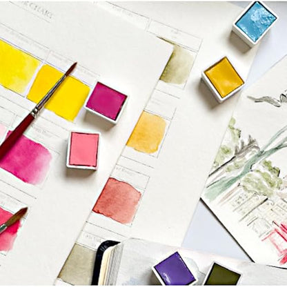Charvin Extra-Fine Watercolor Pan Set, Primary - Handmade Box Set of 12 Half-Pans - Professional Watercolor Paint Set, Made in France, Smooth Shellac-Like Finish, Glossy & Highly Transparent Pigment - color: Primary
