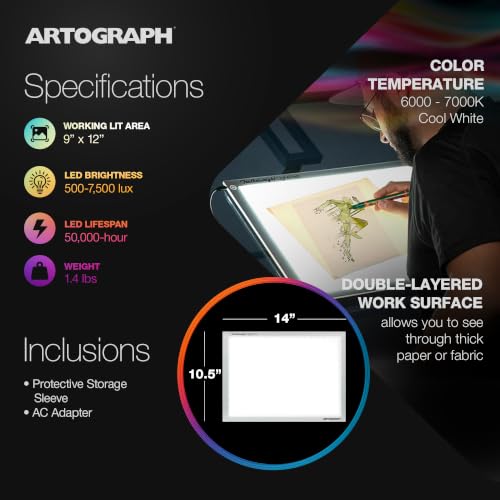 Artograph Featherweight LightPad 9" x 12" Dimmable Thin LED Lightbox Drawing Board for Tracing, Crafting, Tattoo Design, and Drafting