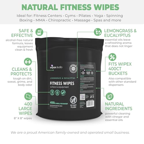 Wipex Gym Wipes Bucket Refill Roll - EWG Verified - Plant-based Fitness Equipment Wipes, Lemongrass, Eucalyptus & Vinegar Wipes to Clean Surfaces, Yoga Mat & Gym Cleaner, 400 Count (Pack of 2) - size: 1 Count (Pack of 800)