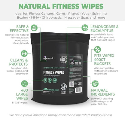 Wipex Gym Wipes Bucket Refill Roll - EWG Verified - Plant-based Fitness Equipment Wipes, Lemongrass, Eucalyptus & Vinegar Wipes to Clean Surfaces, Yoga Mat & Gym Cleaner, 400 Count (Pack of 2) - size: 1 Count (Pack of 800)