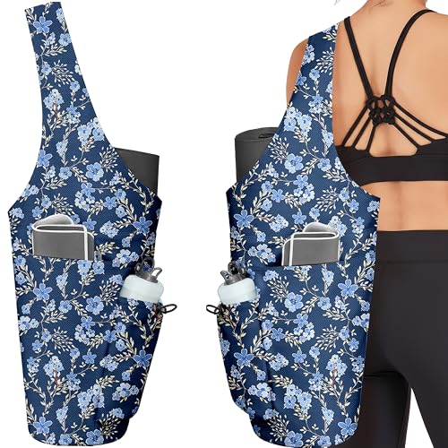 Yoga Bag for Women, Large Yoga Mat Bag Tote Carrier with Wet Dry Pocket | Water Bottle Holder & Adjustable Strap, Fits 1/2" Thick Yoga Mat for Gym, Pilates, Travel, Work - color: Blue Flower