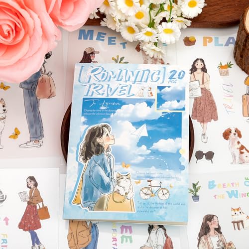 Romantic Getaway Sticker Scrapbooking Supplies for Junk Journal, 20 Sheets PET Stickers - Vintage Journaling Stickers, Ephemera Sticker Book Pre Cut(TZ-009-005) - style: Romantic Getaway