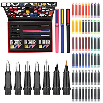 Calligraphy Pens Set 64pcs - Calligraphy Fountain Pen Set with 3 Fountain Pens, 7 Varied Nibs, 54 Ink Cartridges(10 Colors) - Writing, Drawing and Calligraphy Practice for beginner GC-F354