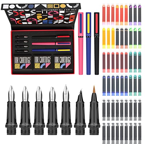 Calligraphy Pens Set 64pcs - Calligraphy Fountain Pen Set with 3 Fountain Pens, 7 Varied Nibs, 54 Ink Cartridges(10 Colors) - Writing, Drawing and Calligraphy Practice for beginner GC-F354