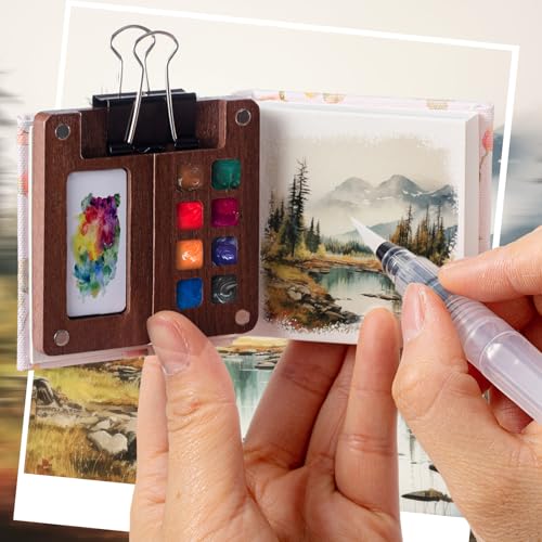 Qilery Mini Portable Watercolor Palette Set Wooden Grid Paint Box Watercolor Paper Sketch Book Brush Pens with Binder Clip for Painters Artist Not Include Paint(Rabbit) - style: Rabbit