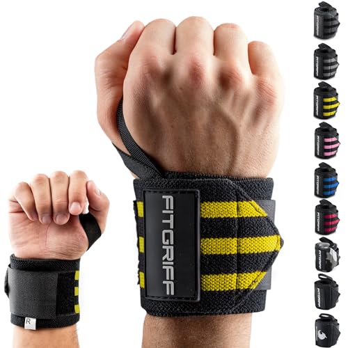 Fitgriff® Wrist Wraps for Weightlifting (18") Heavy-Duty Support for Gym, Bench Press, and Pushups (1 Pair) - for Men and Women (Black/Yellow) - color: Black/Yellow