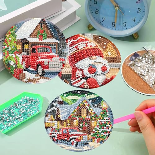 mrpwnle 8 Pcs Diamond Art Coasters Christmas Diamond Painting Coasters | Christmas Diamond Art Coasters Kit for Adults Christmas Diamond Painting Coasters with Holder DIY Diamond Dots for Gift Life - color: Christmas Coasters