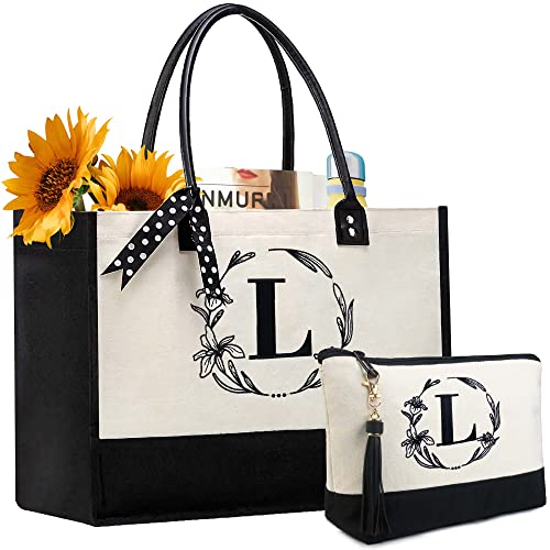 BeeGreen Embroidery Monogram Initial Tote Bag for Women Teacher Mom Friend Personalized Gift for Birthday Beach Work Wedding - color: White Lily, style: L