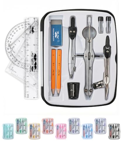 Mr. Pen- Geometry Set, 13 pcs, 3 Metal Compasses, Protractor, 6" Ruler | 45° & 30°/60° Set Squares, Pencils, Lead Refills, Sharpener & Eraser for Math, Drafting & Classroom Use - color: Black