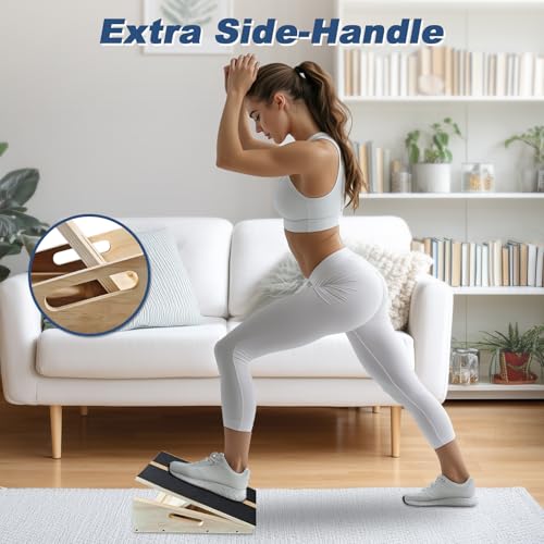 Adjustable Foot Incline Wooden Slant Board for Calf Stretching,440lb Capacity, Balance Velour Stretcher Ankle Stretch Knee Leg Boards Squats Wedge Exercise Fitness Equipment(Side Handle Slant Board)