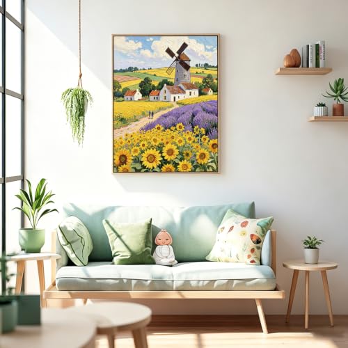 Sunflowers Windmill 5D Diamond Art Kit for Adults Full Drill Canvas | 12x16 inch canvas, complete diamond tool set, DIY wall decor, relaxing craft, windmill sunflowers scene - color: QD152