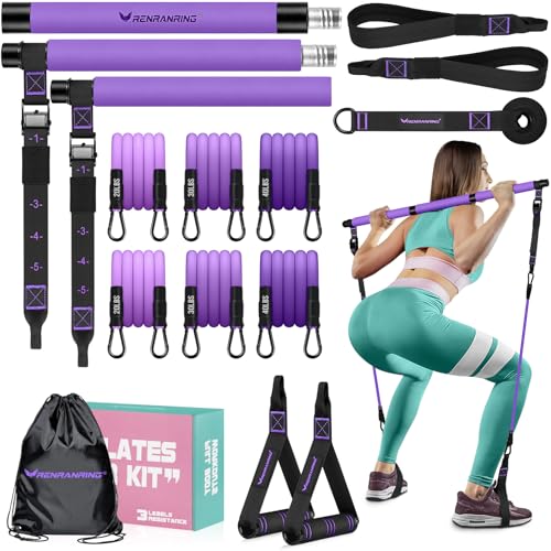 Pilates Bar Kit with 6 Latex Resistance Bands, Adjustable Exercise Bar - color: Purple