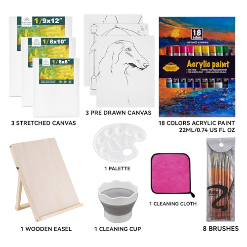 Inburit Art Acrylic Paint Set for Adults & Kids with Canvas Easel | Deluxe Art Supplies Kit with 18 Vibrant 22ml Acrylic Paint Tubes, 6 Canvas Boards, 8 Brushes, Portable Desktop Wood Easel - color: 36PCS+18Colors/22ml
