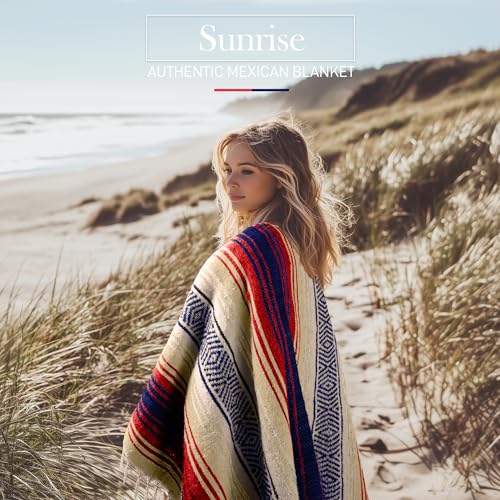 Hydration Nation Authentic Large Handwoven Mexican Striped Throw Blanket - Soft, Durable, Eco-Friendly - 70"x50" – Sunrise - color: Sunrise
