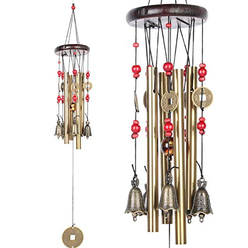 Chinese Traditional Retro 4 Tubes 5 Bells Bronze Yard Garden Outdoor Living Wind Chimes 60cm - size: GuanYin