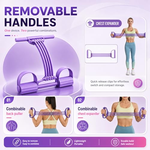 Pedal Resistance Band with Handles, 8 Tube Upgraded Exercise Band, 3-in-1 Multi-Function Latex Fitness Equipment for Foot Pull, Back & Chest Workout - color: Purple