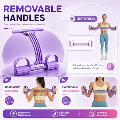 Pedal Resistance Band with Handles, 8 Tube Upgraded Exercise Band, 3-in-1 Multi-Function Latex Fitness Equipment for Foot Pull, Back & Chest Workout - color: Purple