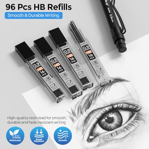 Nicpro Art Mechanical Pencil 0.9mm with Case, 3PCS Mechanical Pencils 0.9 | HD1000 Led Pencils 0.9 mm + 6 Tube HB Lead Refill, Eraser, Weatherproof Barrel for Outdoor Writing Drafting Drawing Sketching - style: 0.9mm(3 Pcs)