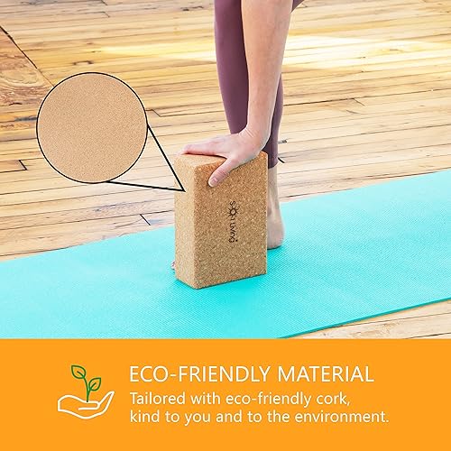 Sol Living Yoga Block Cork Brick Stretching Pilates Meditation Exercise Equipment Support Deepen Poses Odor Free Non Slip Yoga Accessories - 4" x 6" x 9"