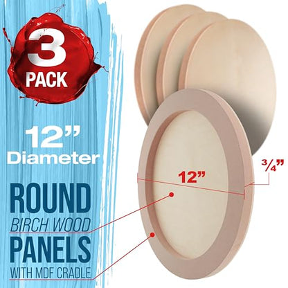 U.S. Art Supply 12" Unfinished Round Birch Wood Panels for Painting | Studio 3/4" Deep, 3 Pack, Artist Depth Wooden Wall Canvases - Mixed-Media Craft, Acrylic, Oil, Encaustic, Paint Pouring - size: 12", style: Round Studio Depth