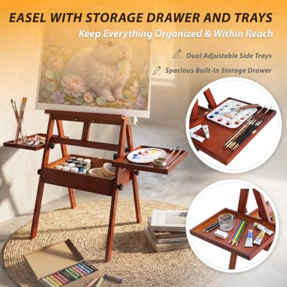 Painting Easel Stand with Storage, 57"-72" Height Adjustable Art Easel | Foldable beech wood easel with drawer trays,H-frame artist easel stand for painting,Wooden floor easel holds canvas up to 36" - color: Warm Walnut