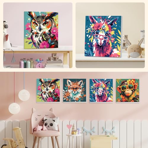 4 Pack Paint by Numbers Kit for Kids Beginner with Wooden Frame, Fantasy Owl, Fox, Llama, Monkey, Paint by Numbers Kit for Adults, Animal with Flowers, DIY Painting Kits for Home Wall Decor 8x8 inch - color: animal-03