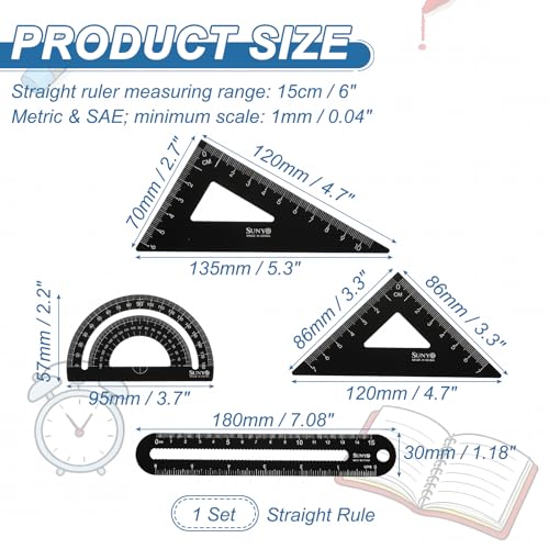 HARFINGTON 4pcs Triangular Ruler Set 15cm/6" Aluminum Alloy Straight Geometric Protractor Triangle Engineering Scale Drafting Ruler Kit Measuring Drawing Tool for Classroom Office Home, Black - color: Black
